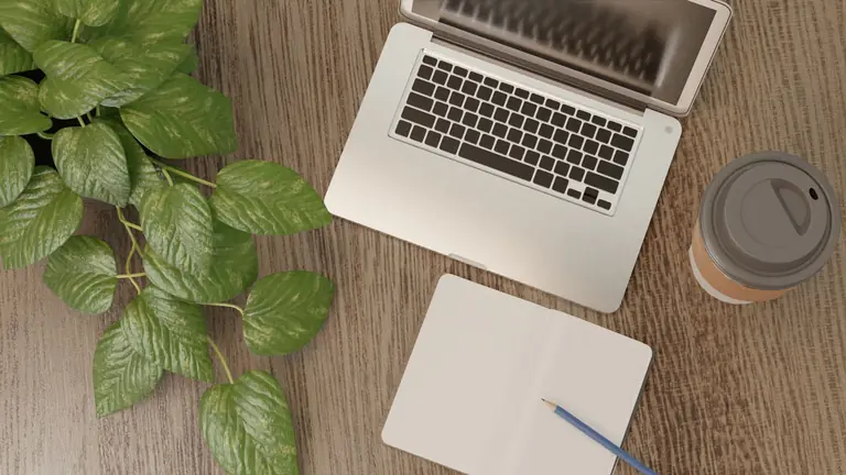 Top view of a stylish workspace with laptop, coffee, and plant for a productive day.